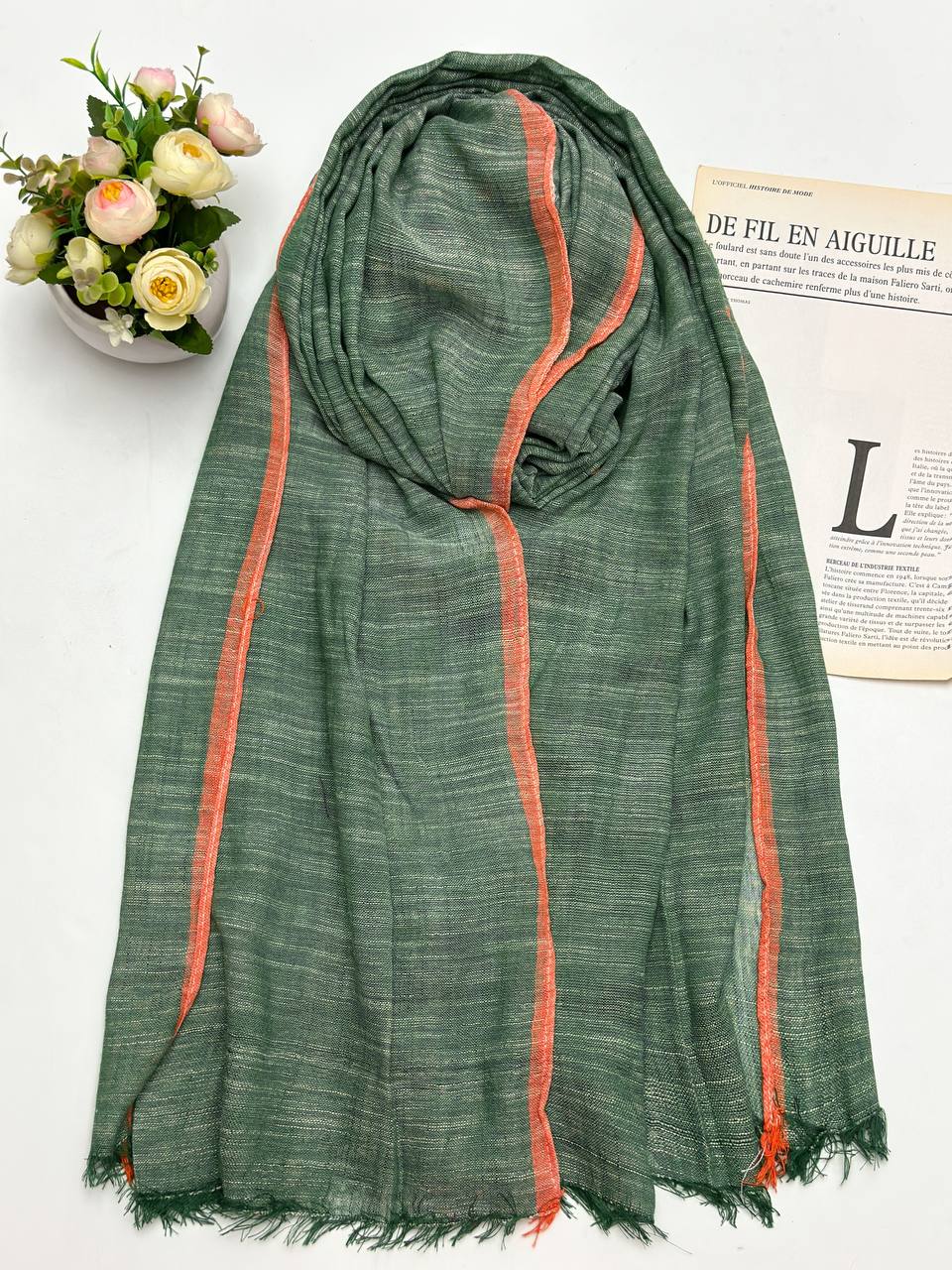 شال نخی لینن تابستانی سبز شال نخی لینن تابستانی سبز